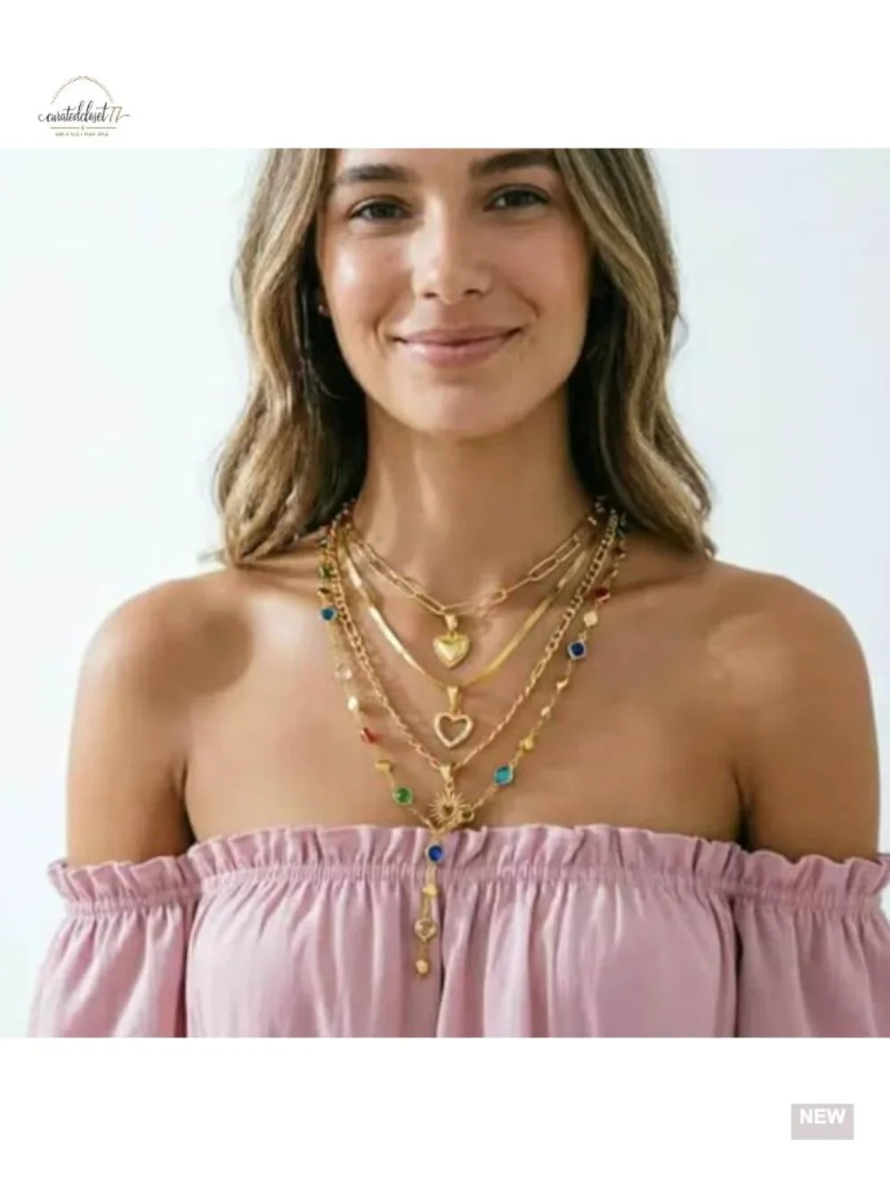 4 PCS Layered Heart Pendant Necklace Set Bohemian Crystal Stackable Jewelry